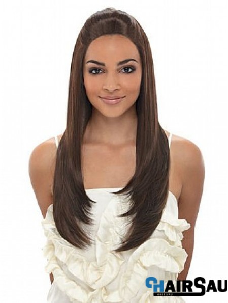 Long Brown Straight Without Bangs Fashionable African American Wigs