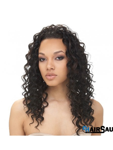 Natural Black Long Without Bangs Curly Glueless Lace Front Wigs