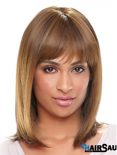 Shoulder Length Auburn Straight With Bangs Designed African American Wigs