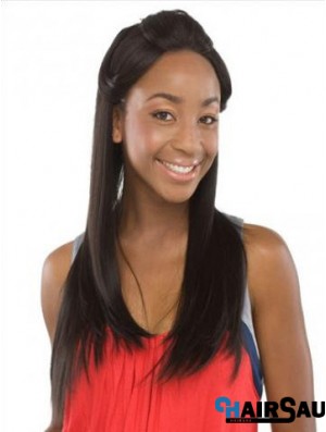 Without Bangs Sleek Straight Black Long Human Hair Lace Front Wigs