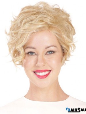 Synthetic Flexibility Cropped Blonde Curly Monofilament Wigs