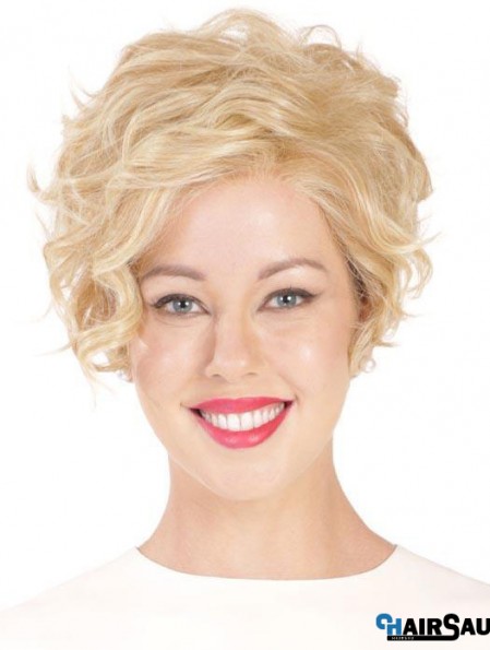 Synthetic Flexibility Cropped Blonde Curly Monofilament Wigs