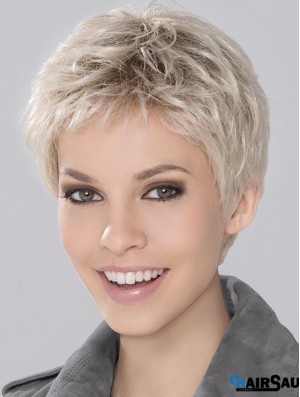 Blonde Synthetic Cropped Wavy Mono Wigs For Women