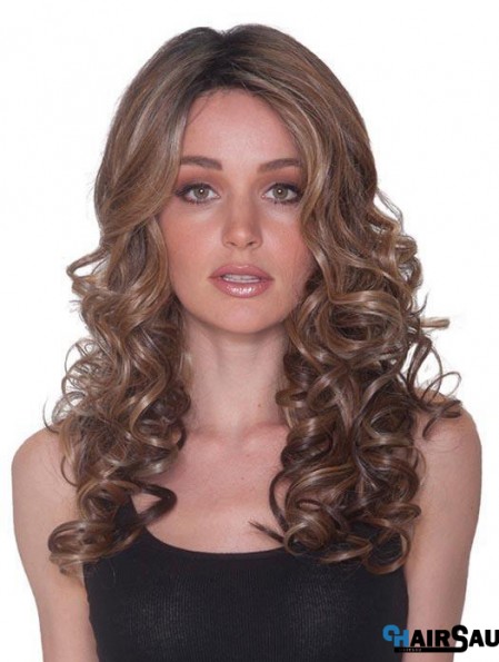 Without Bangs 100% Hand-tied 18 inch Curly Brown Long Wigs