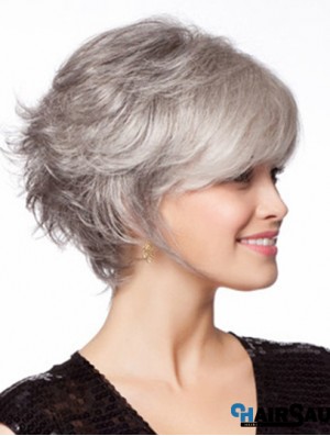 Chin Length Wavy Synthetic Grey Wigs For Women