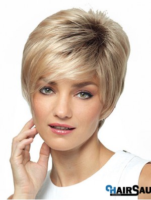 Synthetic Short Ladies Wig With Bangs Short Length Blonde Color