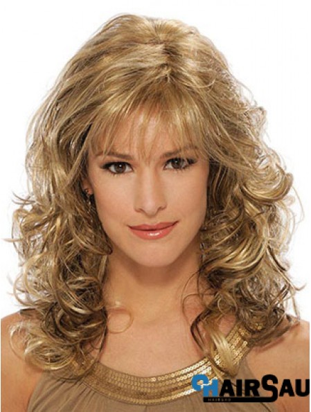 Wavy Synthetic Wigs Blonde Color Capless With Bangs