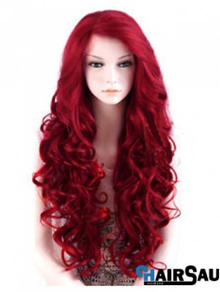 24 inch Red Long Wavy Large Cap Synthetic Lace Front Wigs