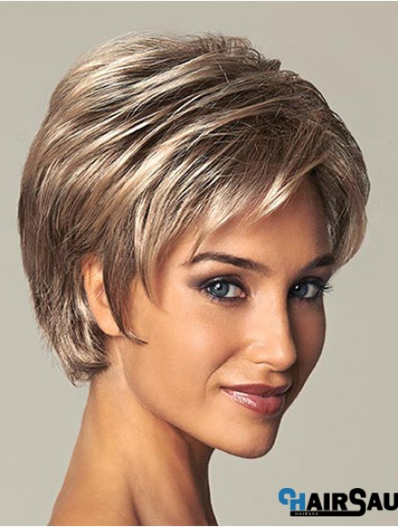 Short Ladies Synthetic Wig With Lace Front Straight Style Layered Cut