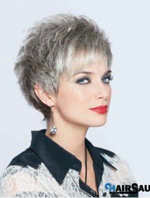 Synthetic Top Cropped Straight Grey Wigs