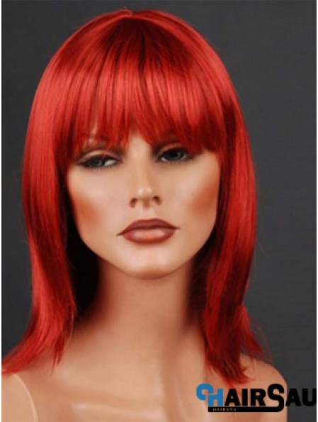 Synthetic Lacefront Wig Monofilament Straight Style Red Color With Bangs