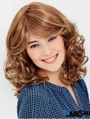 100% Hand Tied Shoulder Blonde Wavy With Bangs Short Synthetic Shaggy Wigs