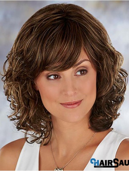 Brown Shoulder Length Wavy With Bangs 13 inch Soft Medium Wigs