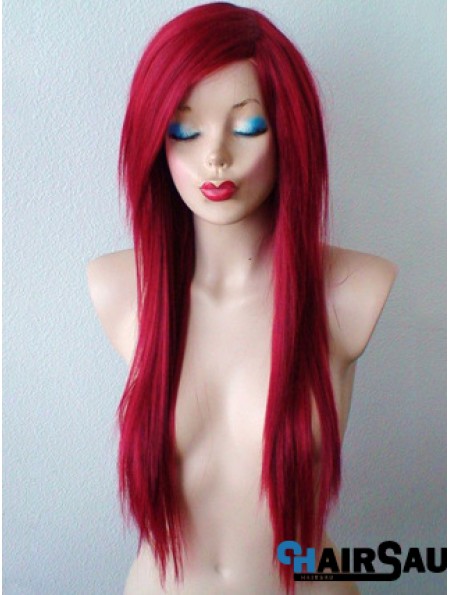 Red Synthetic Lace Wigs UK Red Color Straight Style With Bangs