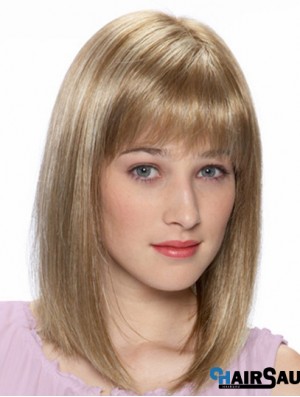 Blonde Shoulder Length Straight With Bangs 14 inch Cheap Medium Wigs