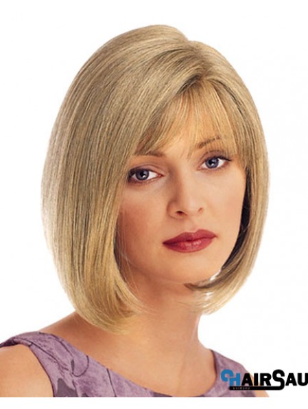 Chin Length Straight Blonde With Bangs UK Cheap Monofilament Wigs