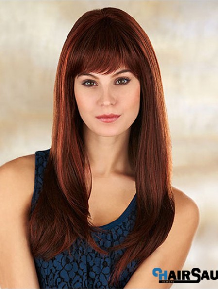 Comfortable Auburn Straight With Bangs Long Wigs