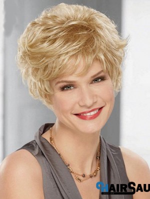 Cheap Synthetic Blonde Color Layered Cut Wavy Style