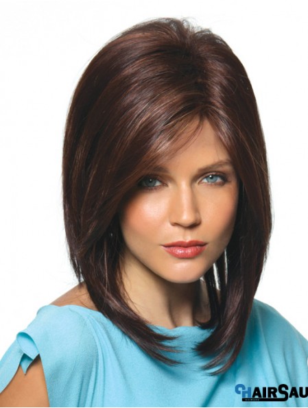 Brown Shoulder Length Straight With Bangs 14 inch Hairstyles Medium Wigs