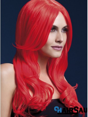 Synthetic Long Hair Wigs Red Color Wavy Style With Capless