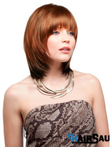 Chin Length With Bangs Straight Auburn No-Fuss Synthetic Wigs