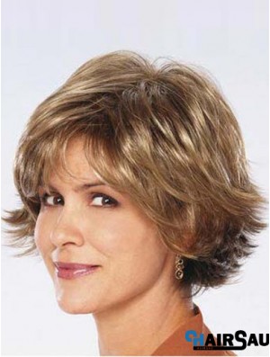 Ladies Synthetic Wigs UK Sale Chin Length Brown Color Wavy Style