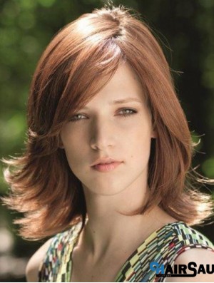 Fabulous Brown Shoulder Length With Bangs Straight Glueless Lace Front Wigs