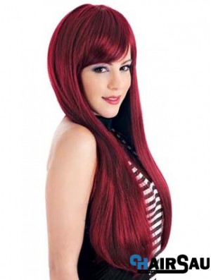 Straight With Bangs Lace Front Ideal 24 inch Red Long Wigs