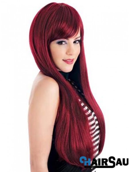 Straight With Bangs Lace Front Ideal 24 inch Red Long Wigs