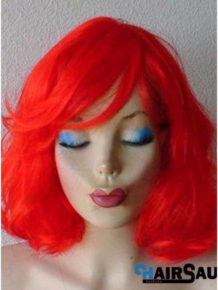 Wavy With Bangs Shoulder Length Red Suitable Lace Front Wigs