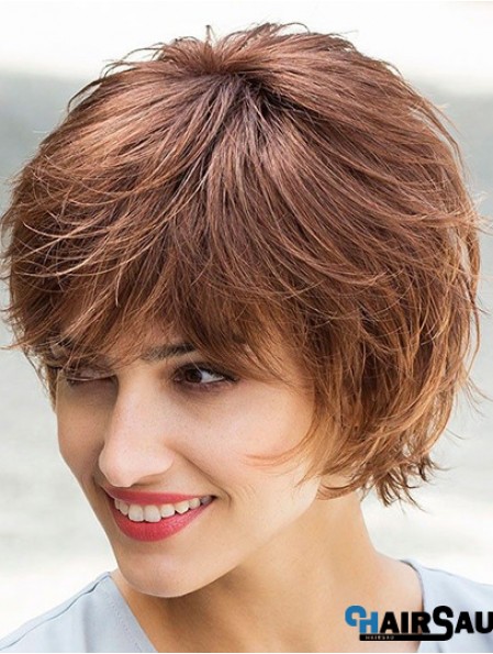 Flexibility Brown Chin Length Layered Straight Glueless Lace Front Mono Synthetic Wigs