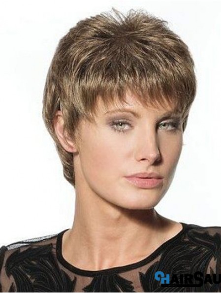 Suitable Brown Cropped Boycuts Straight Glueless Lace Front Wigs