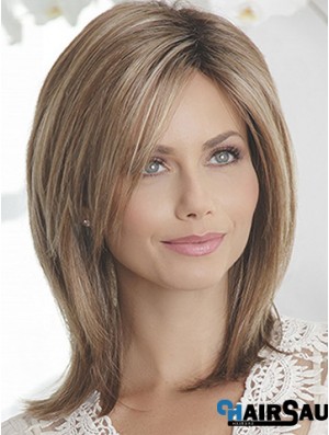 Layered Brown Straight Shoulder Length 14 inch Sleek Medium Wigs