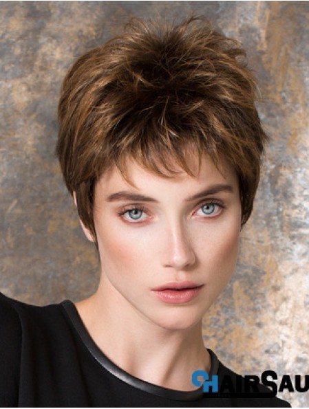 Straight Brown Synthetic Boycuts 4 inch Short Ladies Wigs