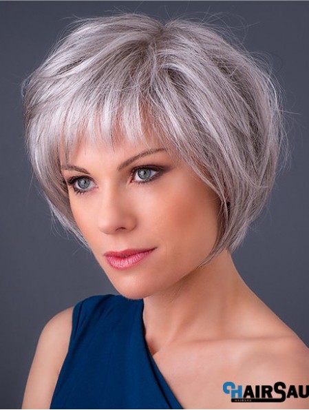 Monofilament 10 inch Chin Length Synthetic Straight Grey Hair Wigs