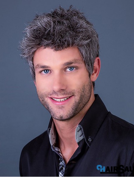 4 inch Straight Monofilament Cropped Synthetic Grey Wig For Man