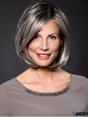 Straight Grey 10 inch Grey Synthetic 100% Hand-tied Chin Length Wigs For Women