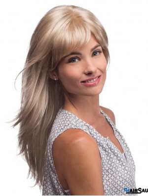 Long Blonde Wig With Bangs Monofilament Synthetic Straight Style