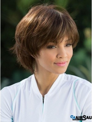 Straight Brown With Bangs 8 inch Mono Top Wigs