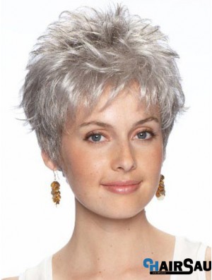 Cropped Grey Hair Synthetic Wigs Wavy Style