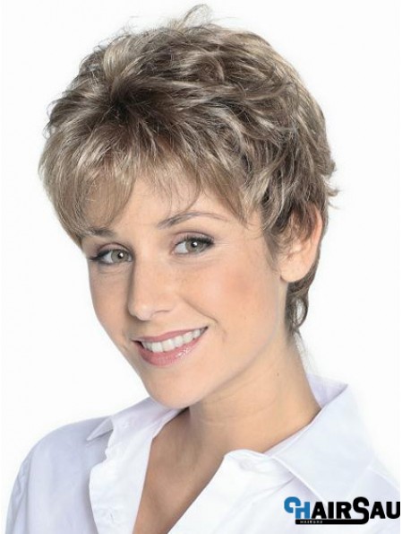 Grey Hair Wigs Short Brown Color Cropped Length Wavy Style