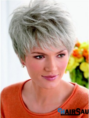 Synthetic Fashion Cropped Straight Grey Wigs