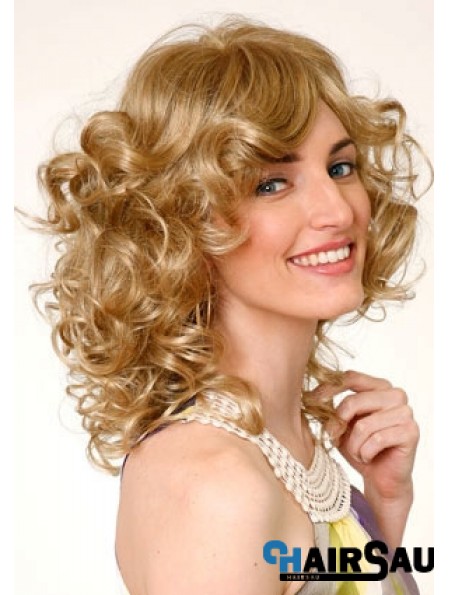 Layered Blonde Curly Shoulder Length 16 inch Durable Medium Wigs