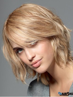 With Bangs Blonde Wavy Shoulder Length 10 inch No-Fuss Medium Wigs