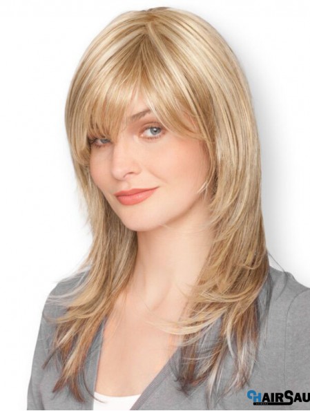 Blonde 16 inch Sleek Long Straight With Bangs Lace Wigs