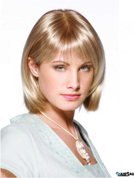 Long Bob Wigs With Bangs Monofilament Blonde Color Shoulder Length