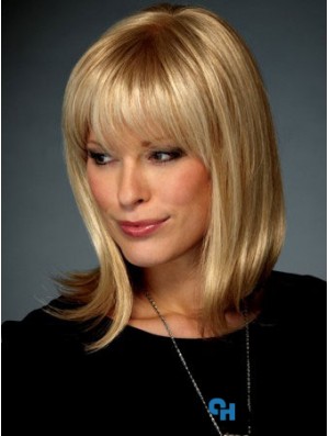 Straight With Bangs Shoulder Length Blonde Affordable Lace Front Wigs