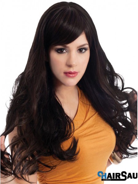 Wavy With Bangs Long Black Sassy Lace Front Wigs