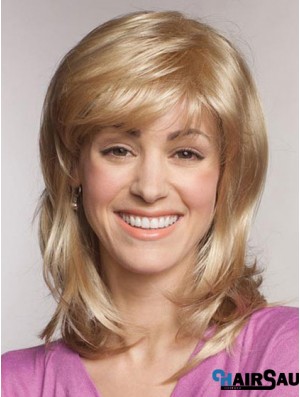 Straight With Bangs Shoulder Length Blonde Popular Lace Front Wigs