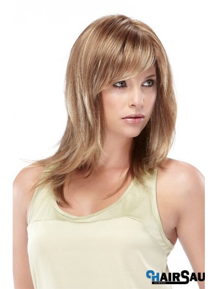 Straight With Bangs Shoulder Length Blonde Designed Lace Front Wigs